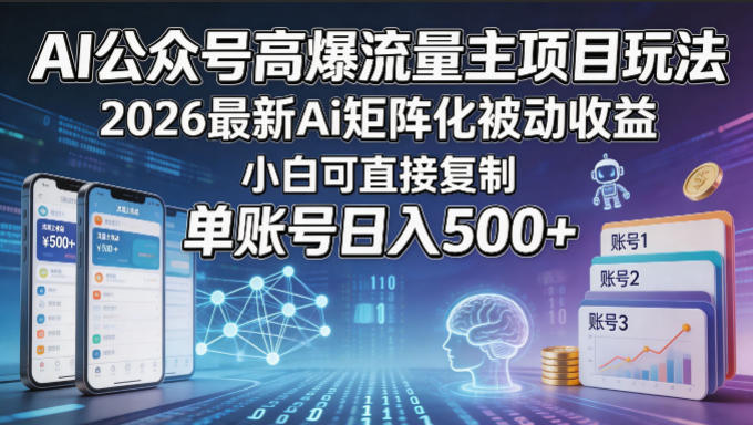 AI公众号高爆流量主项目玩法，2026最新Ai矩阵化被动收益，小白可直接复制，单账号日入500+-全民创业网