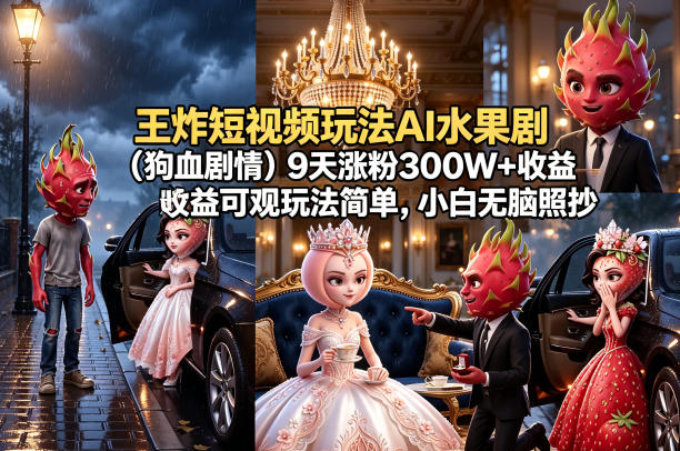 王炸短视频玩法AI水果剧（狗血剧情）9天涨粉300W+收益可观玩法简单，小白无脑照抄，详细拆解玩法-全民创业网