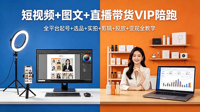 短视频+图文+直播带货VIP陪跑，全平台起号+选品+实拍+剪辑+投放+变现全教学-全民创业网