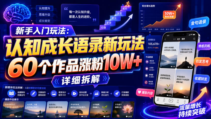 新手入门玩法:认知成长语录新玩法,60个作品涨粉10W+,详细拆解-全民创业网