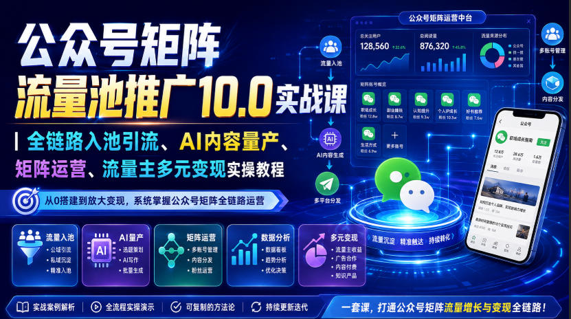 公众号矩阵流量池推广10.0实战课|全链路入池引流、AI内容量产、矩阵运营、流量主多元变现实操教程-全民创业网