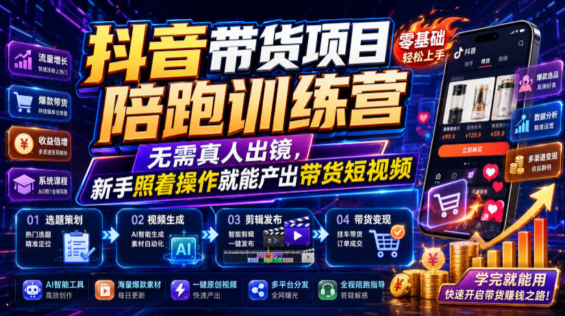 抖音带货项目陪跑训练营,无需真人出镜,新手照着操作就能产出带货短视频(更新0811)-全民创业网